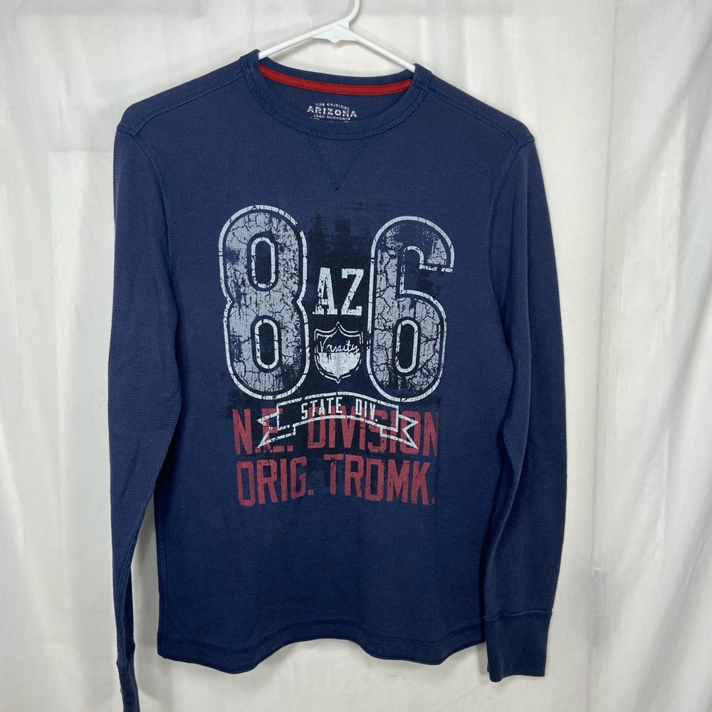 Arizona Jean Company youth boy’s navy blue decal textured long sleeve shirt L